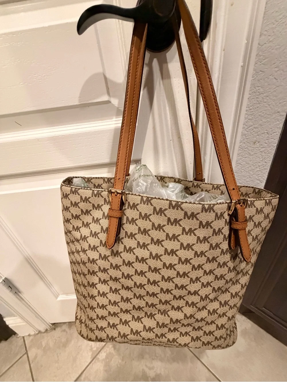 Michael Kors Tan/Beige MK Signature Tote with Front Pocket